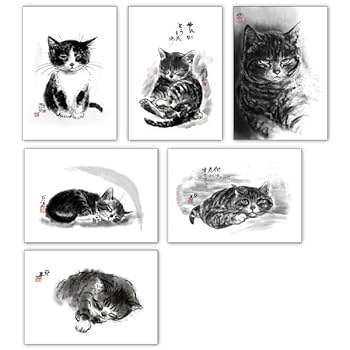 中浜 稔　猫の墨絵 フレーム付き ポストカード6枚セット 中浜稔 猫墨絵作家 淡路市立中浜稔猫