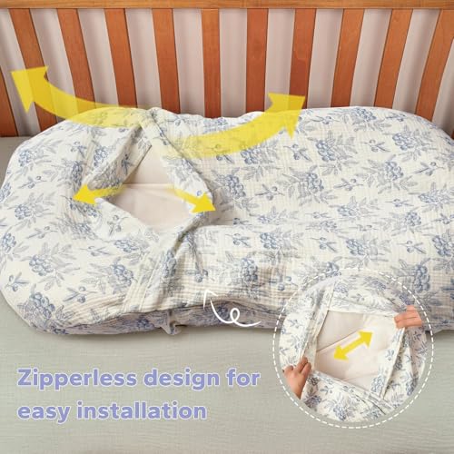 Image of FUNUPUP Muslin Baby Lounger Cover Only, Blueberries & Blue | 100% Muslin Cotton Soft Breathable Easy On /Off Envelope Closure Machine Washable Easy-Clean Protector Neutral Colors