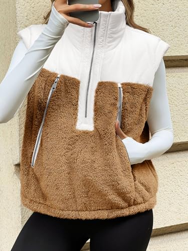 Tankaneo Womens Cropped Vests Outerwear Color Block Half Zipper Fleece Sherpa Sleeveless Winter Coats Jackets with Pockets4