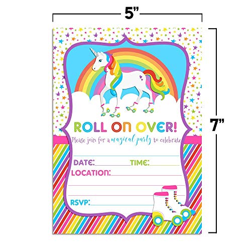 Colorful Unicorn Rainbow Roller Skating Birthday Party Invitations, 20 5"X7" Fill In Cards With Twenty White Envelopes By Amandacreation #TOP7