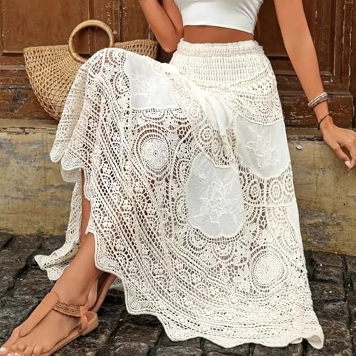 Women's Retro Knitted Skirt Elastic High Waist Loose Casual Flowing Skirt Hollow Floral Drape A-Line Skirts2