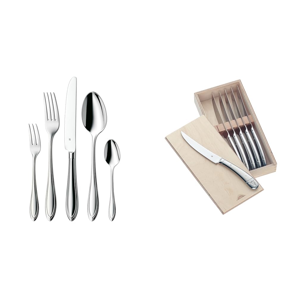 WMF Verona Besteck Set 12 Personen, 60-teilig, Monobloc-Messer & Steakmesser Set 6-teilig, Pizzamesser, Cromargan Edelstahl poliert, Wellenschliff, spülmaschinengeeignet, in Holzbox