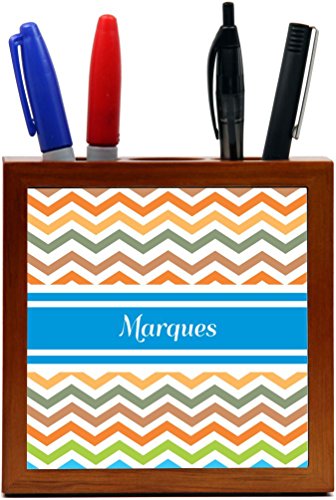 Rikki Knight "Marques" Blue Chevron Name Design 5-Inch Wooden Tile Pen Holder (RK-PH5163)