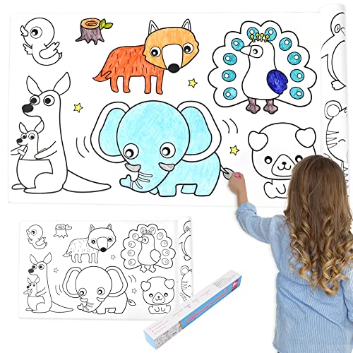 OFFCUP Rollo de Dibujo para Niños, Rollo Para Colorear Para Niños, Rollo de Pintura para Niños, Rollo de Papel para Colorear para Niños, Rollo de Papel para Pintar Niños - Mundo Animal