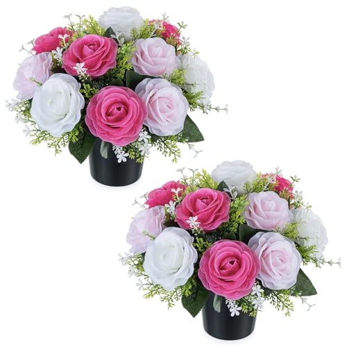 BLOSMON Macetas con Flores Artificiales para tumbas: 2 Piezas de Rosas Rosa Blanco de Seda para Decorar cementerios en macetas para Decoraciones Exteriores - Ramo Floral funerario Artificial