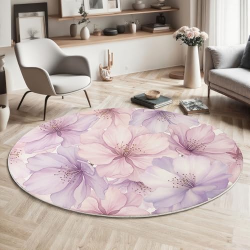 Tapis rond fleurs de cerisier avec bords cousus de haute précision pour chambre