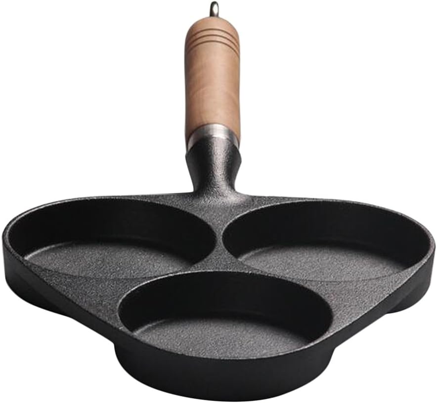 3-Hole Frying Pan, Cast Iron Pan, Hook Design, Deepening, Household Non-Stick Eggs, Dumpling Mold, Mini Breakfast Pot, Omelet Burger (Wooden Handle)