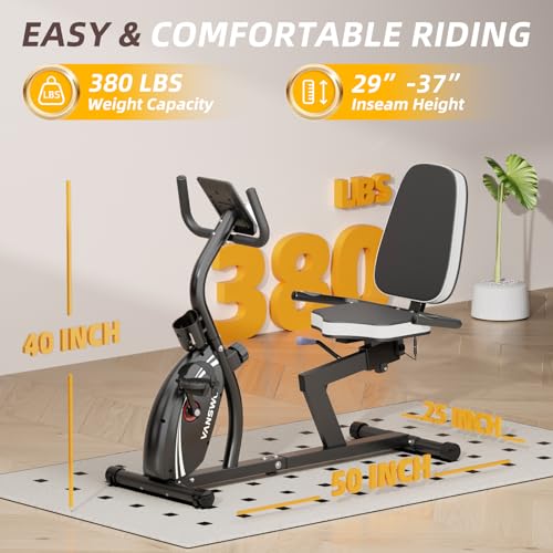 Image of VANSWE Recumbent Exercise Bike for Home Seniors with 380 LB Weight Capacity | Fit 5'1 inch-6'1 inch, 16-Level Magnetic Resistance, Bluetooth App Connectivity, Whisper Quiet(＜10DB), Back-lit LED Display & Pulse