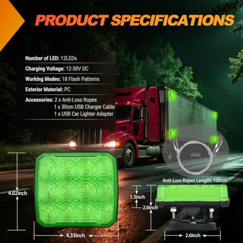 Image of Nilight Magnetic Strobe Lights 2PCS Green 12 LED Rechargeable Warning | 18 Flash Patterns Waterproof Wireless Emergency Hazard Beacon for Trucks Trailers Snow Plows Buses Cars