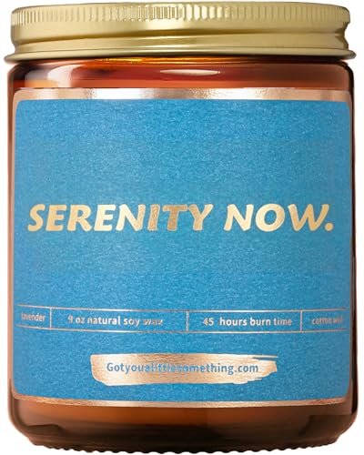 Seinfeld Gifts for Women - Serenity Now Lavender Vanilla Scented Soy Wax Candle | Seinfeld Merch Mothers Day Friendship Relaxation Gifts for Women | Birthday Present Idea for Friends for Home Decor