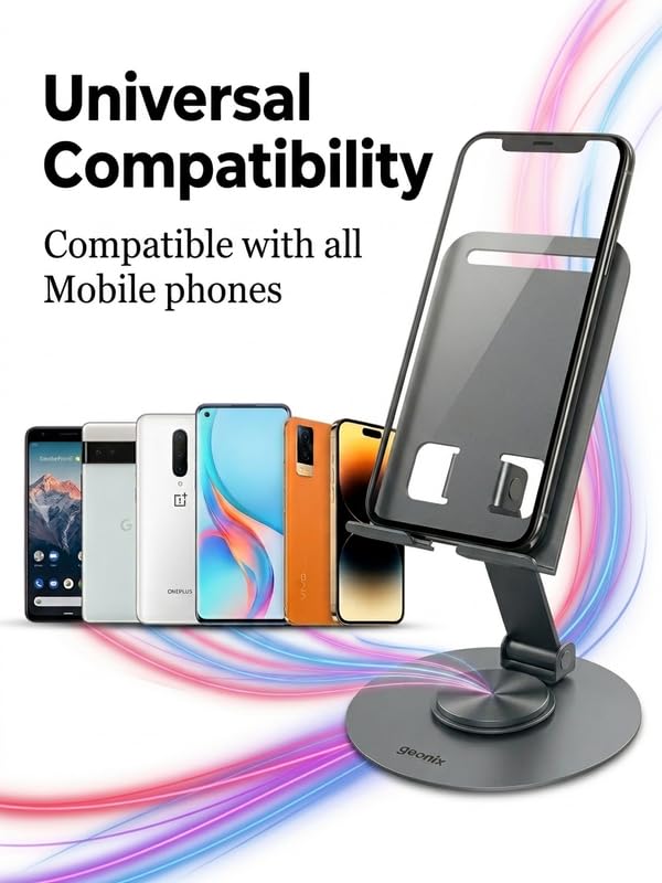 Image of Metal Mobile Stand for Smartphones with 360 Degree Rotation, Adjustable and Foldable Phone Holder, Black, Freestanding, Anti-Slip Base