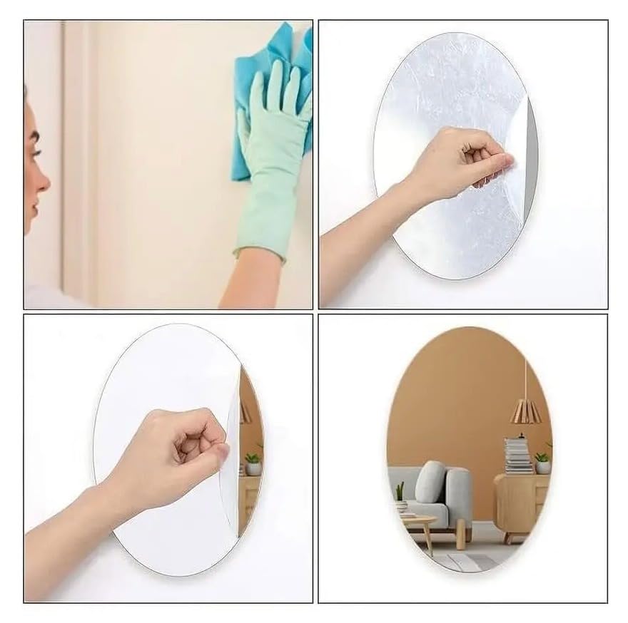 Image of Oval Shape Adhesive Mirror Sticker for Wall on Tiles Bedroom Living Room Basin Mirror Bathroom Wall Mirror Both Side Sticker Acrylic Wall Mirror 30L*20W CM DN-4