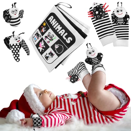 Image of 8PCS Black and White Sensory Toys Baby Socks & Wrist Rattles + 1PCS Cloth Book Kits for Baby Boy Girls Toys 0 3 6 9 12 18 Months