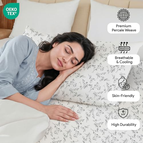 Image of LINENWALAS 100% Cotton Elastic Fitted Bed Sheet for Double Size Bed | Fits 6-12 Inch Mattress | Soft Breathable, OEKO-TEX Certified Premium Bedsheet with 2 Pillow Cover (72x72 Inches, Grey Monochrome)