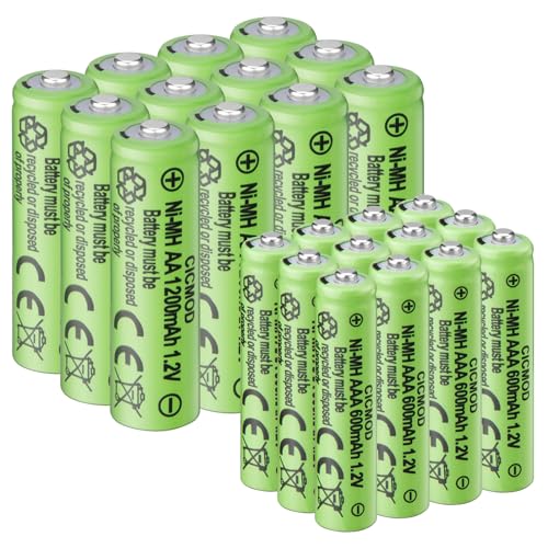 CICMOD Piles Rechargeables Ni-MH, Lot de 24 Batterie Rechargeable AA et AAA, 12Pcs AA 1200mAh et 12Pcs AAA 600mAh 1.2V pour Produits Solaires, électroniques Quotidiens