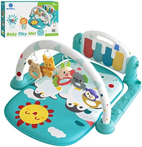Nutsball Baby Gym Play Mat, Kick and Play Piano Gym Mat with Music and Lights, Tummy Time Musical Activity Center for Infants Toddlers (Penguin Kingdom Blue)