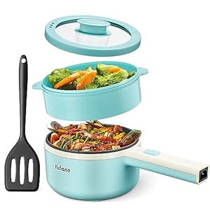 Yabano Electric Pot, 850W Non-Stick Electric Hot Pot with Steamer,1.6L Noodles Cooker with Dual Power Control, Portable Pot For Dorm, Office, Travel with Silicone Spatula Included, BPA Free, Aqua