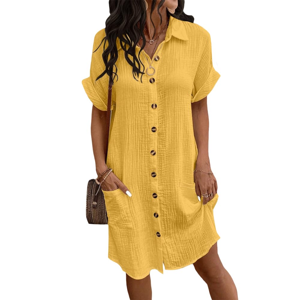 Womens Summer Casual Short Sleeve Shirt Dress Loose V Neck Button Down Beach Sundress with Pockets
