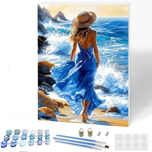 KEYIFA Peinture par Numéros pour Adulte Avec Cadre, Kits de Peinture au Numéro avec Acrylique, Femme en Jupe Bleue Creatif Toile Painting à l'huile,...