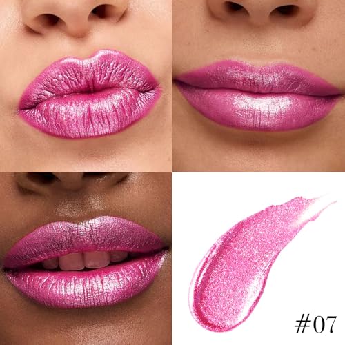 Image of evpct Hot Pink Metallic Glitter Lip Liner and Lipstick Combo Lip Gloss Stain Set Makeup for Women Long Lasting Waterproof 24, Rose Pink Frosted Metallic Shimmer Glossy iridescent Liquid Lipstick 07