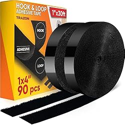 Hook and Loop Tape Roll with Heavy Duty Adhesive Industrial Strength Easy to Cut, Strong Hook and Loop Strips with Sticky Back, Black 1 Inch x 30 Feet