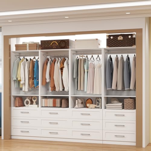 Closet System with Drawers, 8FT Wood Closet Organizer System Walk-in Closet Standalone Corner Closets Storage with Hanging Rods Freestanding, White (8FT)