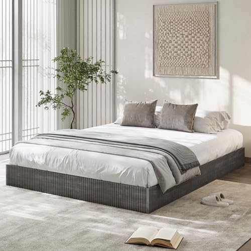 Image of GarveeHome Full Size Bed Frame, Wood Platform Bed, Fluted Bed Frame, Minimalist Bed Base with Low Profile Design, Noise-Free, Easy Assembly, No Box Spring Needed, Washed Black