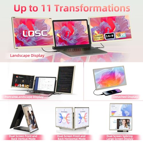 Image of LOSC 15.6 inch Laptop Screen Extender, Triple Portable Monitor with FHD 1080P IPS Display, 120% sRGB, 235 Rotation and Plug and Play Setup for 13-17.3 inch Mac, Windows & ChromeOS Laptops