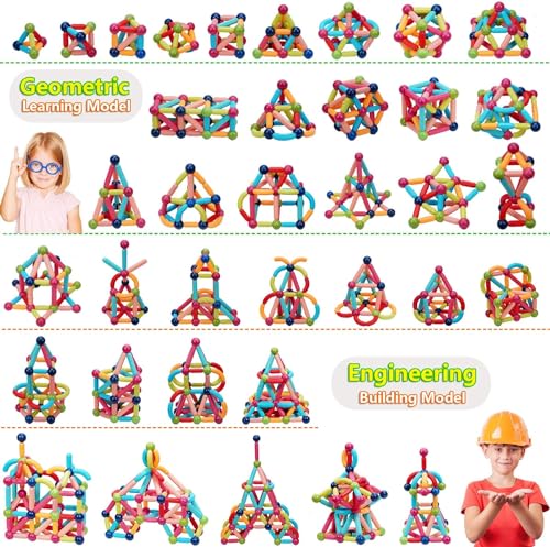 Image of PLUSPOINT Magnetic Sticks Blocks for Kids Tiles 64 Pieces Set Gifts for Girls, Boys, Magnetic Blocks for Kid 3+ Years, 4 5 6 7 8 9 10 Constructing & Learning Builder Educational Kids Magnetic Block