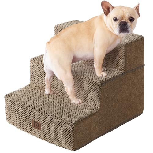 Image of EHEYCIGA Dog Stairs for Small Dogs 13.5 inch H, 3-Step Dog Steps for Couch Sofa and Chair, Pet Steps for Medium Cats, Non-Slip Balanced Pet Ramp Indoor, Camel