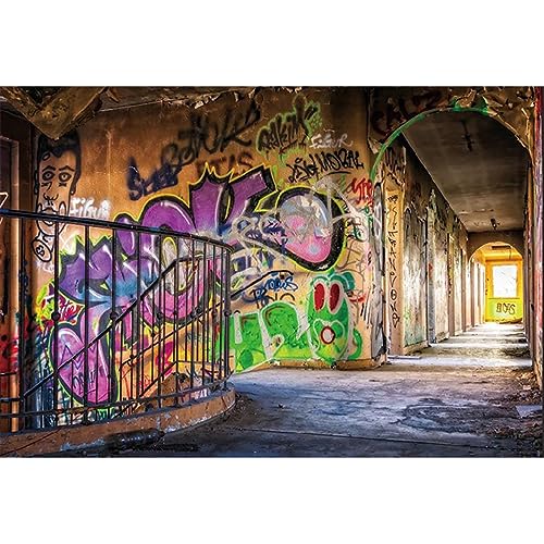 YongFoto 3x2m Vinyl Photo Backdrop Graffiti on City Ruins Wasteland Old Staircase Photography Background Portrait Photo Shoot Studio Props