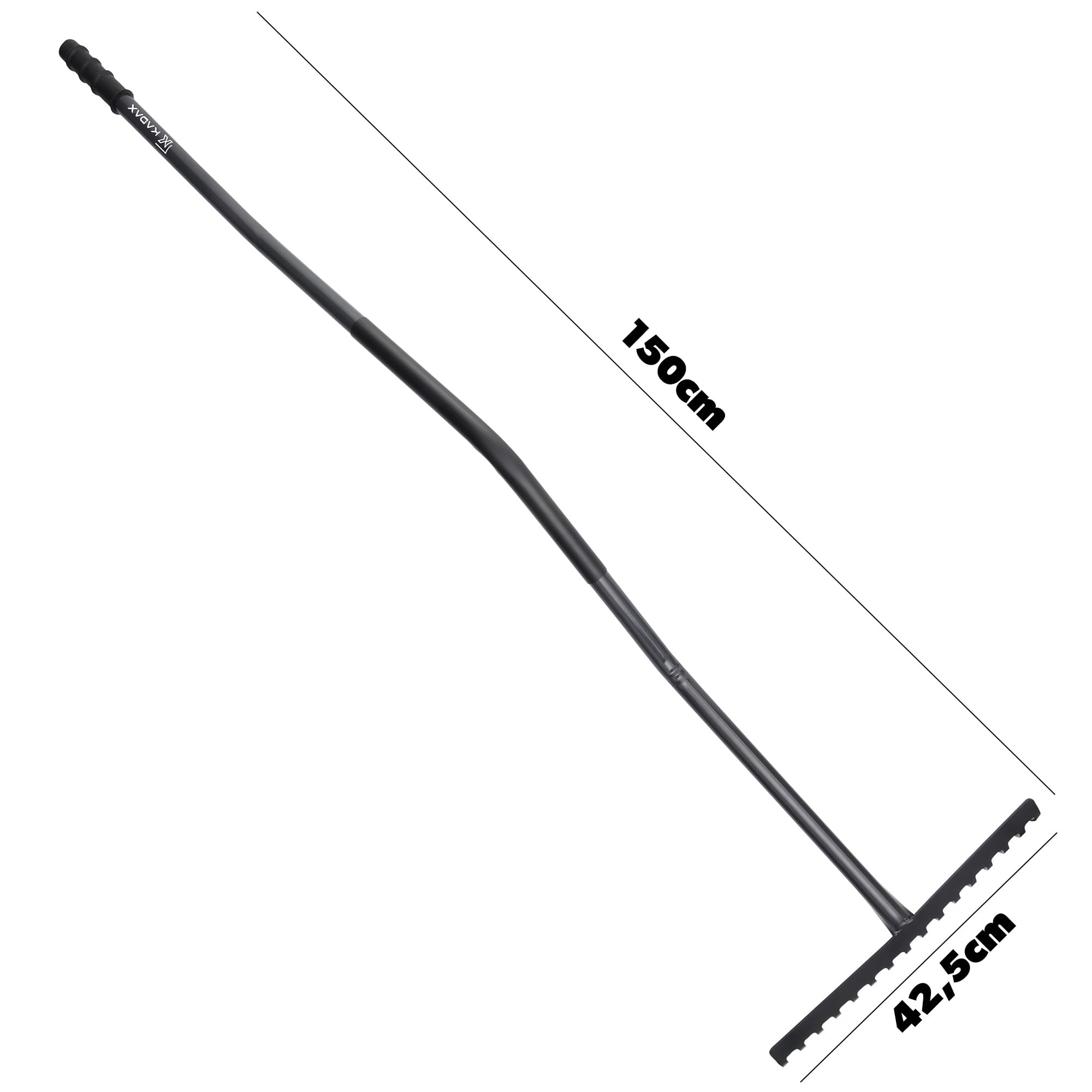 KADAX Rastrillo de jardín de metal, herramienta de jardín con cabeza de metal, rastrillo de césped para jardín, rastrillo plano para césped, rastrillo para rastrillar hojas con mango (negro y gris, 16