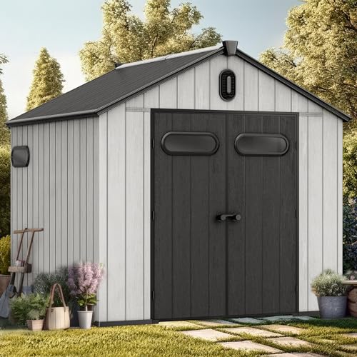 YITAHOME 8x8ft Outdoor Plastic Storage Shed with Floor, 427 cuft Waterproof Garden Shed with Lockable Door, Windows & Vents, Plastic Tool Storage for Patio Furniture, Lawn Mower, Bike Storag