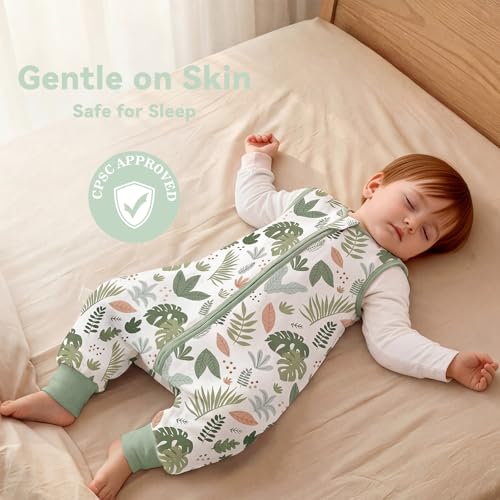 Image of Chilsuessy Toddler Sleep Sack with Feet 6-18 Months, 1.0 TOG Cotton Baby Wearable Blanket with Legs, Sleep Bag Walker with 2-Way Zipper, Monstera