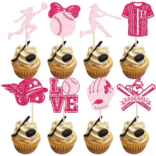Decoraciones de fiesta de softball rosa adornos Gyufise para cupcakes de cumpleanos infantil