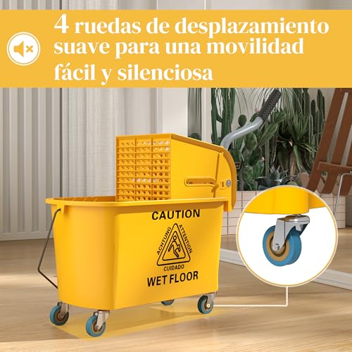 HOMCOM Cubo de Fregona con Ruedas Capacidad de 20 L Cubo de Fregar con Sistema de Escurridor Mopa y Asa de Transporte para Doméstico y Comercial Amarillo - imagen 6