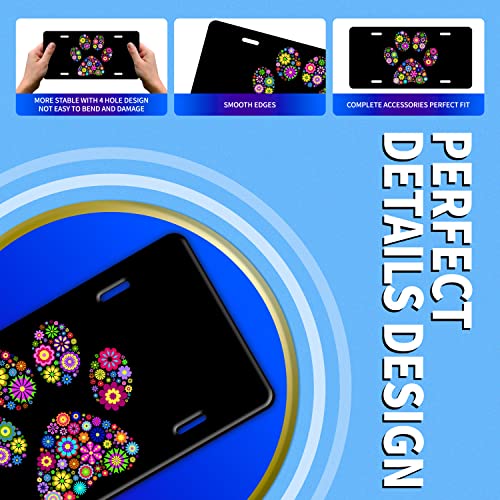 Hippie Floral Animal Paw Print License Plate Cover Personalise Car Front License Plate Rust-Proof Stainless Steel Metal Car Plates Tag Funny Novelty Vanity Tag 4 Screw Hole Decorative #TOP1