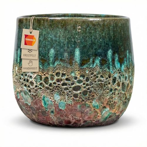 Teramico Keramik Pflanzkübel (Grün/Türkis) mit Abflussloch | Frostfester Blumentopf Außen & Innen | Strukturierte Glasur | Hochwertiges Steinzeug Garten Pflanzgefäß (28cm x 23cm)