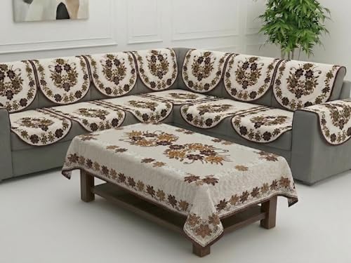 Image of Fab Nation Sofa Cover L Shape 5 Seater with Corner L Type Sofa Set for Living Room | Cotton Sofa Slipcovers for 3 + 2 Seaters Cover with 2 Arms + 1 Table Cover | Floral Brown
