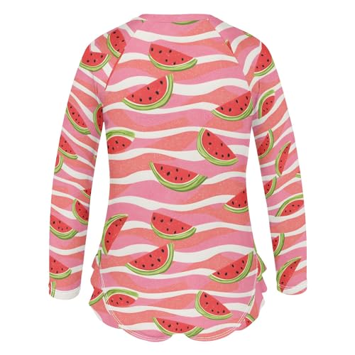 Pink Stripes Watermelon Pattern Girls One Piece Rash Guard Swimsuit, Girls Long Sleeve Swimwear for 3-12Y3