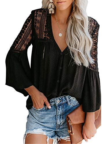 Elapsy Womens Fashion Casual V Neck Crochet Lace Blouses Lightweight Flowy Embroidered Long Bell Sleeve Tops Shirt Black X-Large