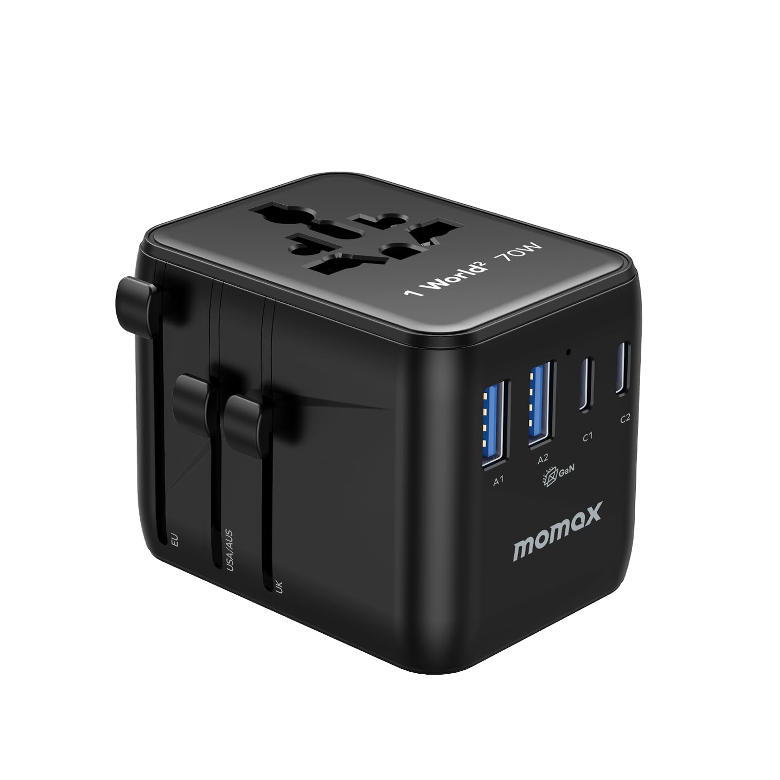 MOMAX Universal Travel Adapter,70W GaN Travel Plug Adapter with UK/EU/AU/US Plugs, 2AC, 3USB-C PD & 2USB-A QC International Adapter Charger, Adapter Plug for Laptops Tablets Phones