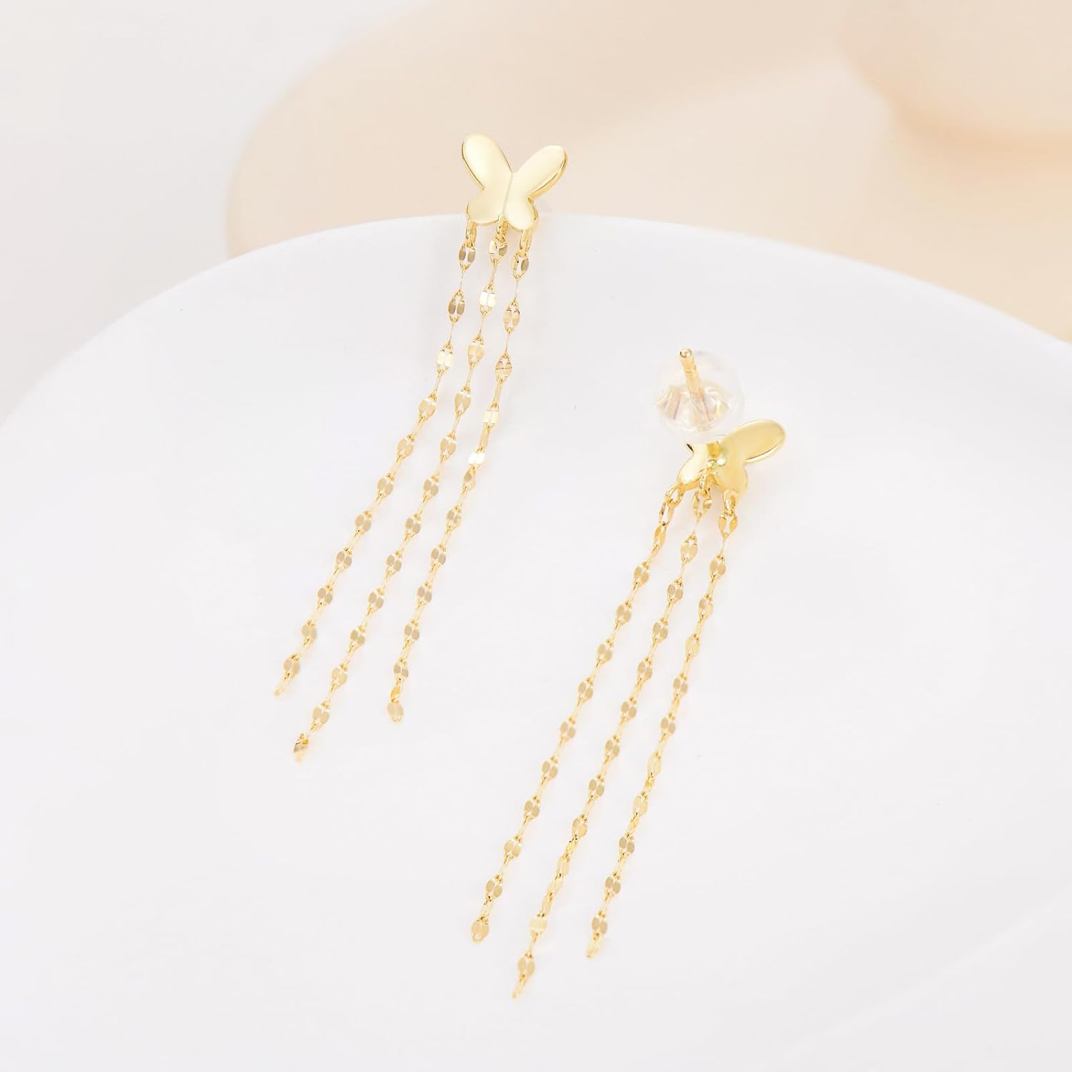 14k Gold Butterfly Dangling Tassel Earring for Women, 14kt Gold Long Chain Earrings