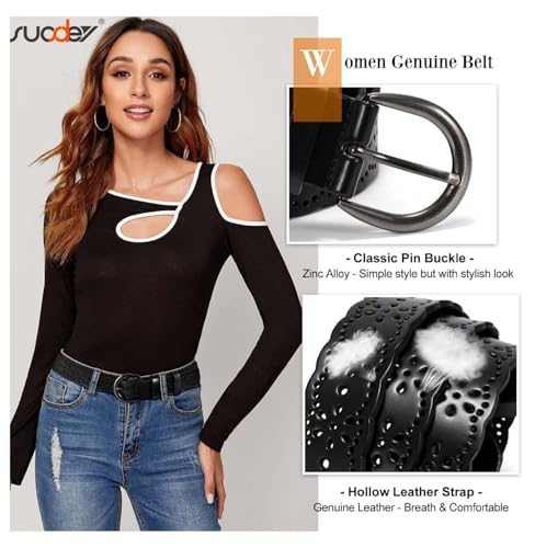 Women's Hollow Flower Leather Belt - Black Adjustable Waist Belt for Jeans, Dresses, Pants - Gift Box Included4