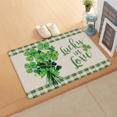 St. Patrick's Day Kitchen Bath Door Mat Cushioned Runner Rug,Washable Welcome Floor Sink Antifatigue Mat,Waterproof Non-Slip Comfort Standing Doormat,Lucky Spring Plant Black Buffalo Checkered 18