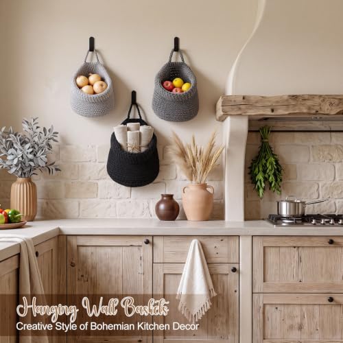 Image of Honeydak 3 Hanging Baskets, Grey, White, Dark Grey, Barrel, Cotton Rope