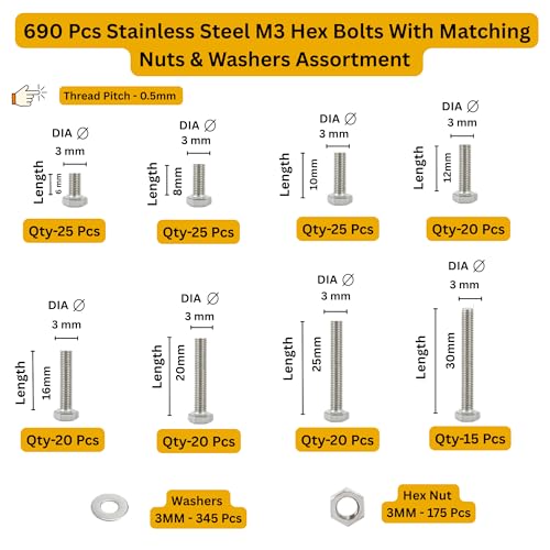 Image of Metric M3 Stainless Alloy Steel 202 Grade Full Threaded Hex Bolts Nuts and Washer Assortment Kit Set with Storage Box Pack of 690 Pcs