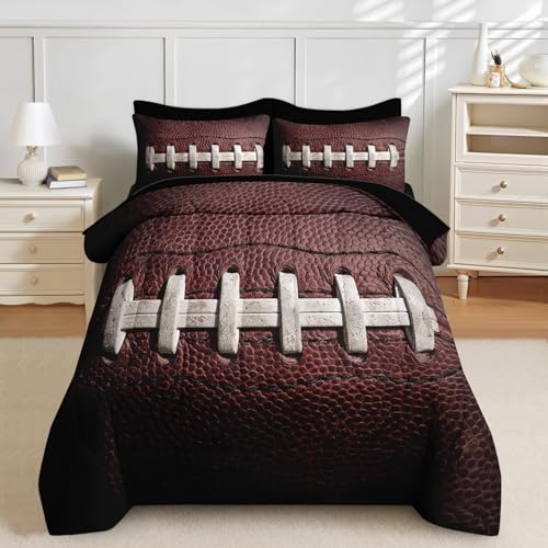 Nesker 7 Pcs Comforter Set Queen Size, Sports Ball Bedding Set for Kids and Adults, Boy Rugby Brown Sheets Bed Sheet Sets with Fitted Sheet 2 Pillowcases & 2 Shams