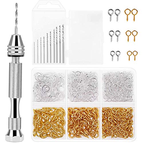 Pasuihcay Resin Tools Kit With 1Pcs Pin Vise Hand Drill 10Pcs Drill Bits And 400Pcs Screw Eye Pins For DIY Keychain Pendant Making, Gold & Silver