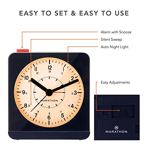 Marathon Analog Desk Alarm Clock With Auto Night Light, Midnight Blue/White - Silent Smooth Sweep - Alarm & Snooze Functions - Two Aaa Batteries Included #TOP7